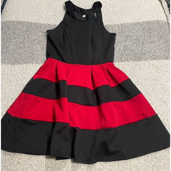 Crystal Doll Women's Size Medium Halter Neck Back Cutout Dress Striped Black Red - Picture 1 of 7